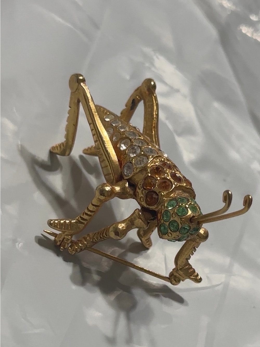 Gold tone  Grasshopper Reptile Brooch with Green and Clear Rhinestones
